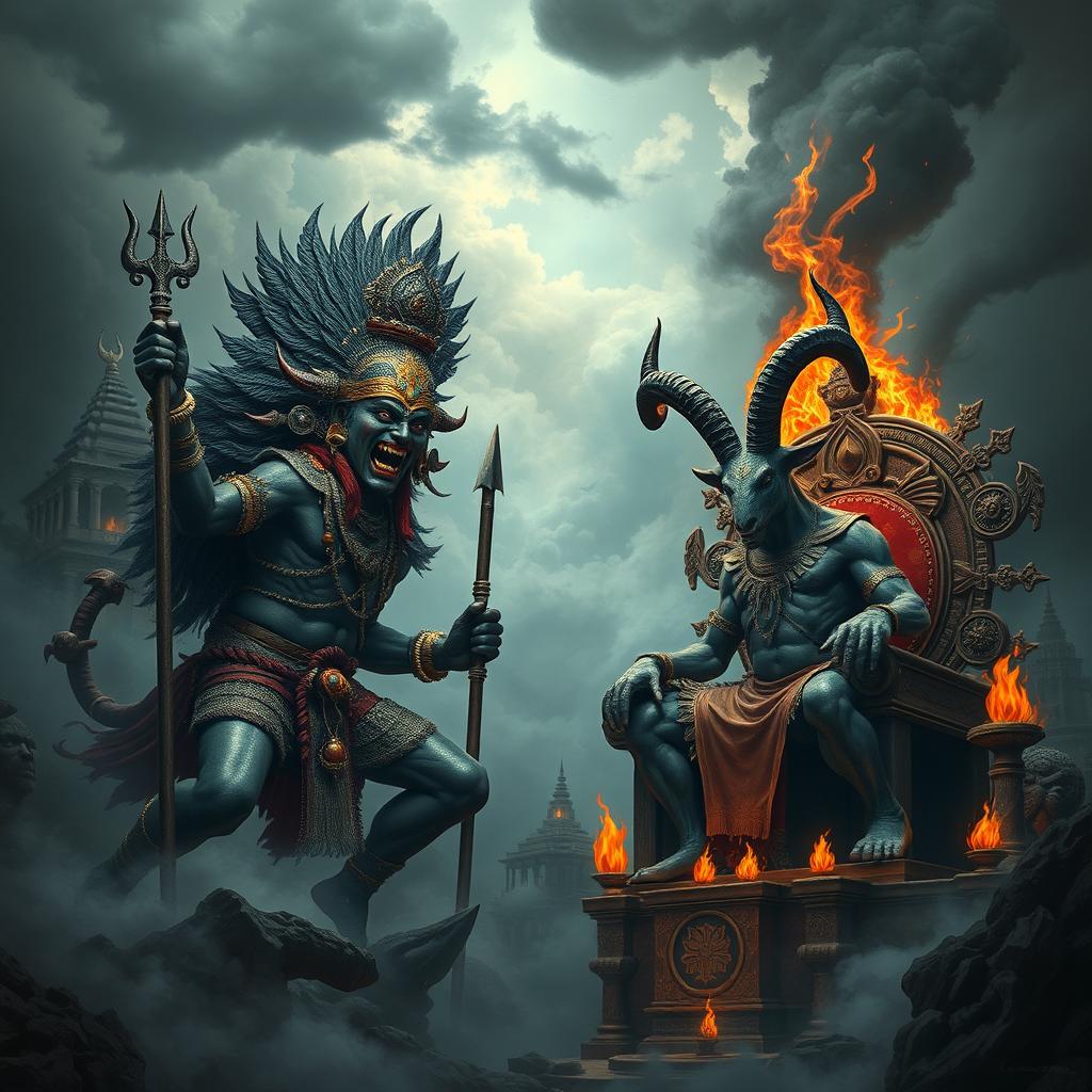 A dramatic scene depicting the battle between Kaal Bhairava, a fearsome Hindu deity associated with time and destruction, exhibiting a fierce expression, adorned in traditional Indian warrior attire, with ornate jewelry and a fierce-looking trident in hand