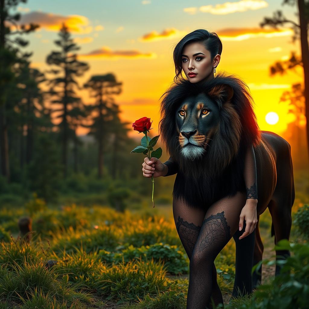 A stunning 30-year-old woman with black hair styled in an undercut, piercing blue eyes, and a defined jawline
