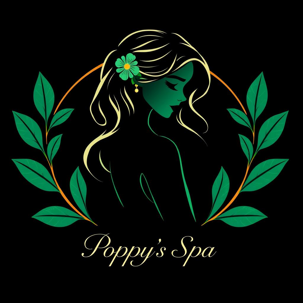 A luxurious logo design for 'Poppy's Spa' featuring a stylish silhouette of a graceful girl with loose hair and a delicate flower behind her ear