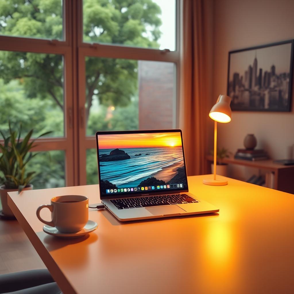 A cozy home office featuring a modern desk with a stylish laptop open on it, displaying a vibrant second image of a colorful sunset over the ocean