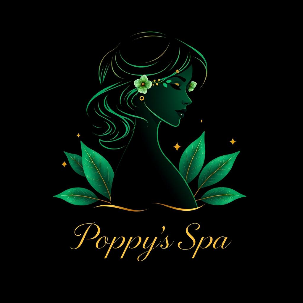 A luxurious spa salon logo design featuring a dark, soft, emerald green silhouette of a girl with loose hair and a flower behind her ear