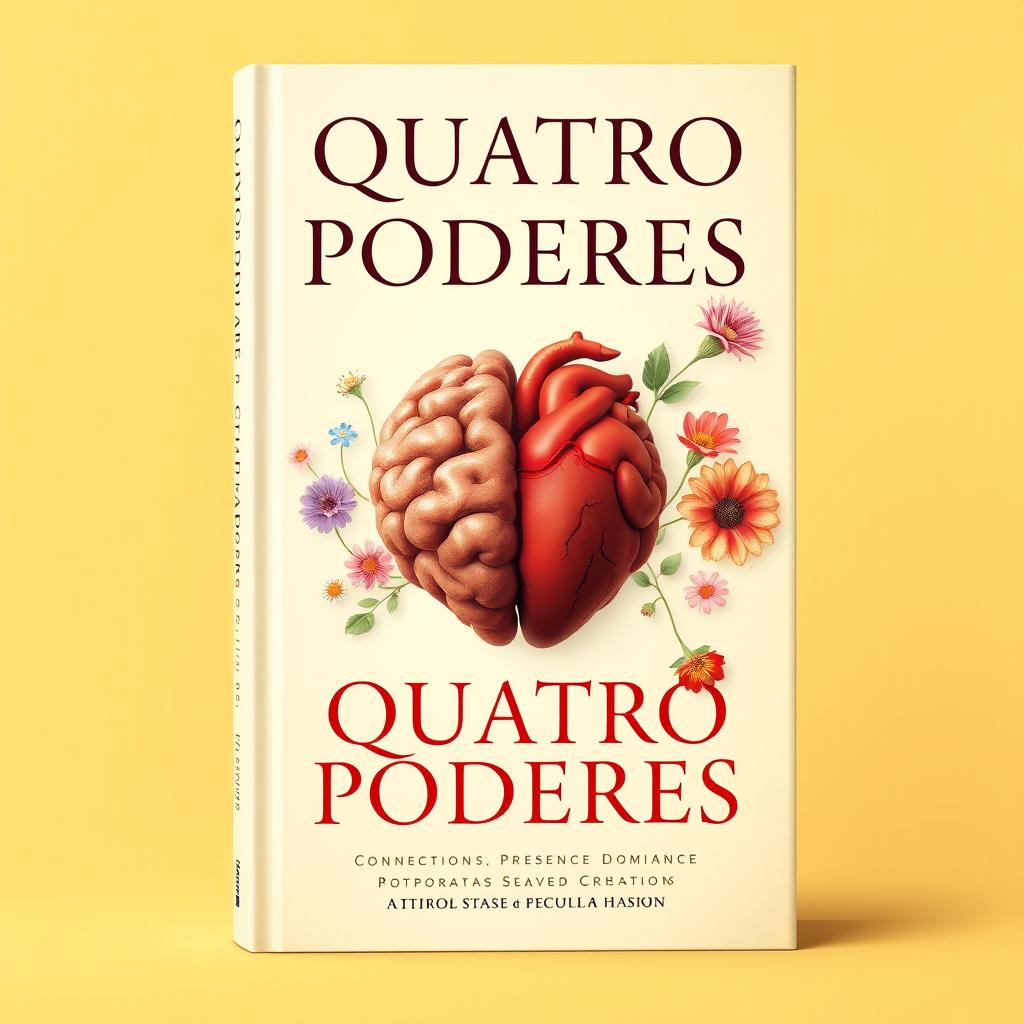 A book cover design for 'Quatro Poderes', featuring an artistic representation of a brain and a heart connected seamlessly