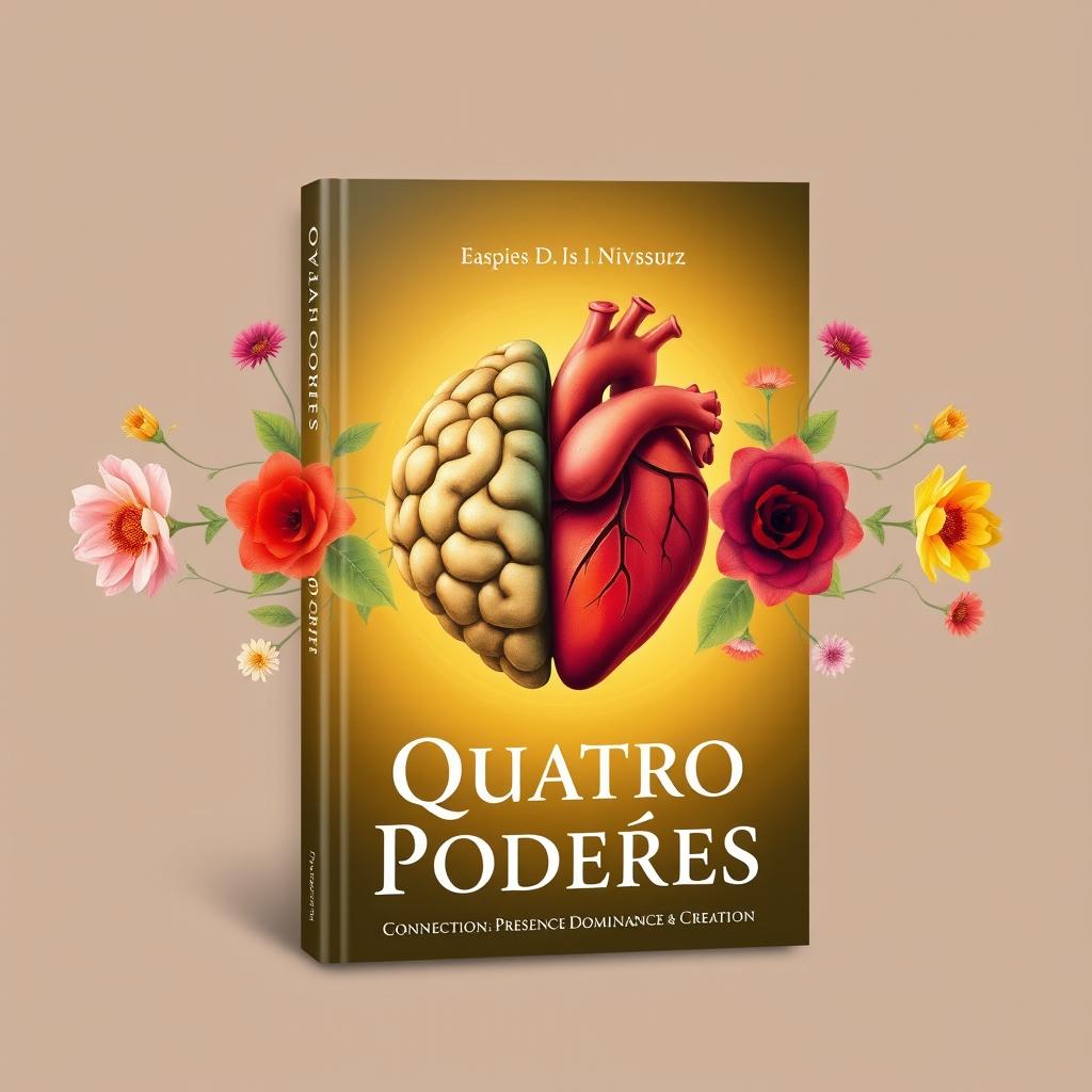 A book cover design for 'Quatro Poderes', featuring an artistic representation of a brain and a heart connected seamlessly