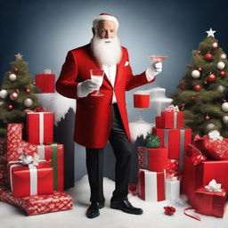 James Bond styled Santa Claus donned in a sleek suit with a Christmas twist, holding a martini glass filled with milk and a sleigh full of gadgets in the background.