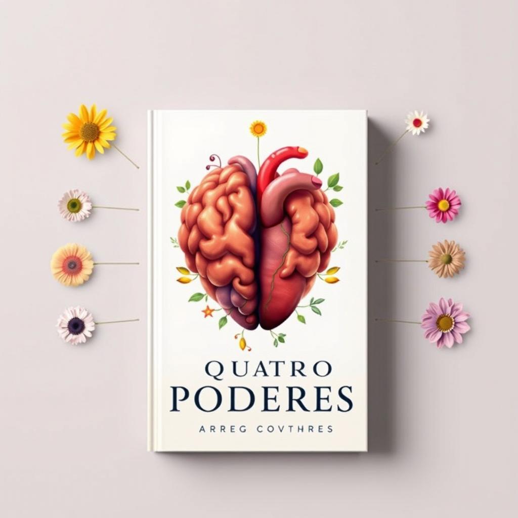 A book cover design for 'Quatro Poderes', featuring an artistic representation of a brain and a heart connected seamlessly