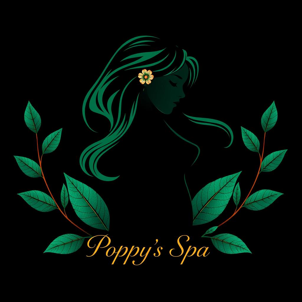 A luxurious spa logo for 'Poppy's Spa', featuring a silhouette of a graceful girl with flowing hair, depicted in a sophisticated dark emerald green against a black background
