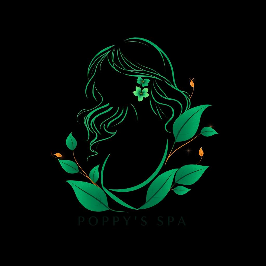 A luxurious logo design for 'Poppy's Spa' featuring a silhouette of a girl with gracefully flowing lines in emerald green against a dark soft black background