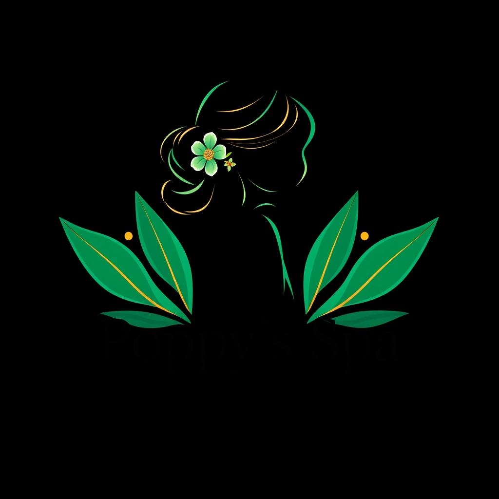 A luxurious logo design for 'Poppy's Spa' featuring a silhouette of a girl with elegant flowing lines in emerald green, set against a dark soft black background