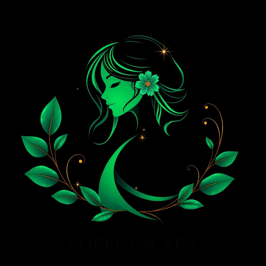 A sophisticated logo design for 'Poppy's Spa', showcasing the silhouette of a girl with elegant flowing lines in emerald green against a dark soft black background