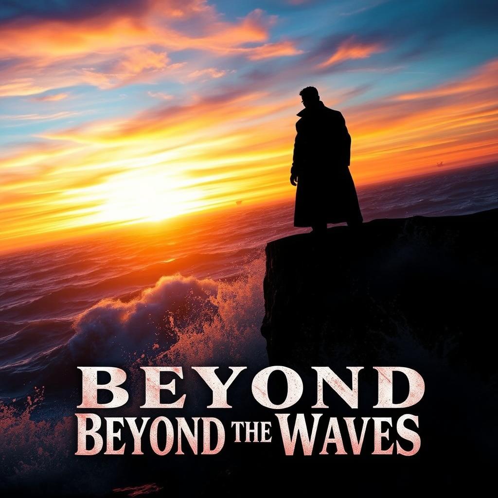 A captivating film poster featuring a mysterious, shadowy figure standing on a cliff overlooking a stormy sea at sunset