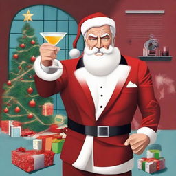 James Bond styled Santa Claus donned in a sleek suit with a Christmas twist, holding a martini glass filled with milk and a sleigh full of gadgets in the background.