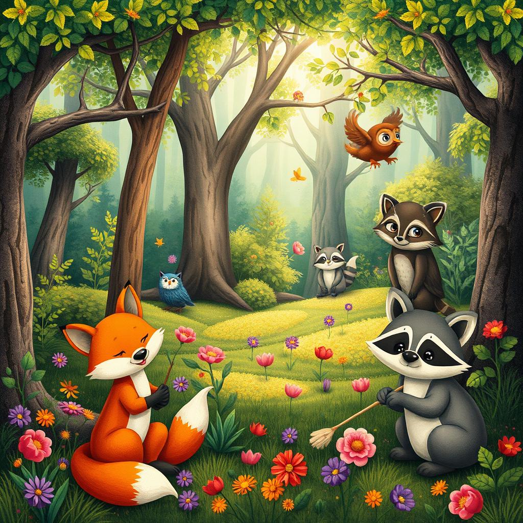 A whimsical scene featuring various forest animals, including a playful fox, a wise owl, and a curious raccoon, all intricately detailed