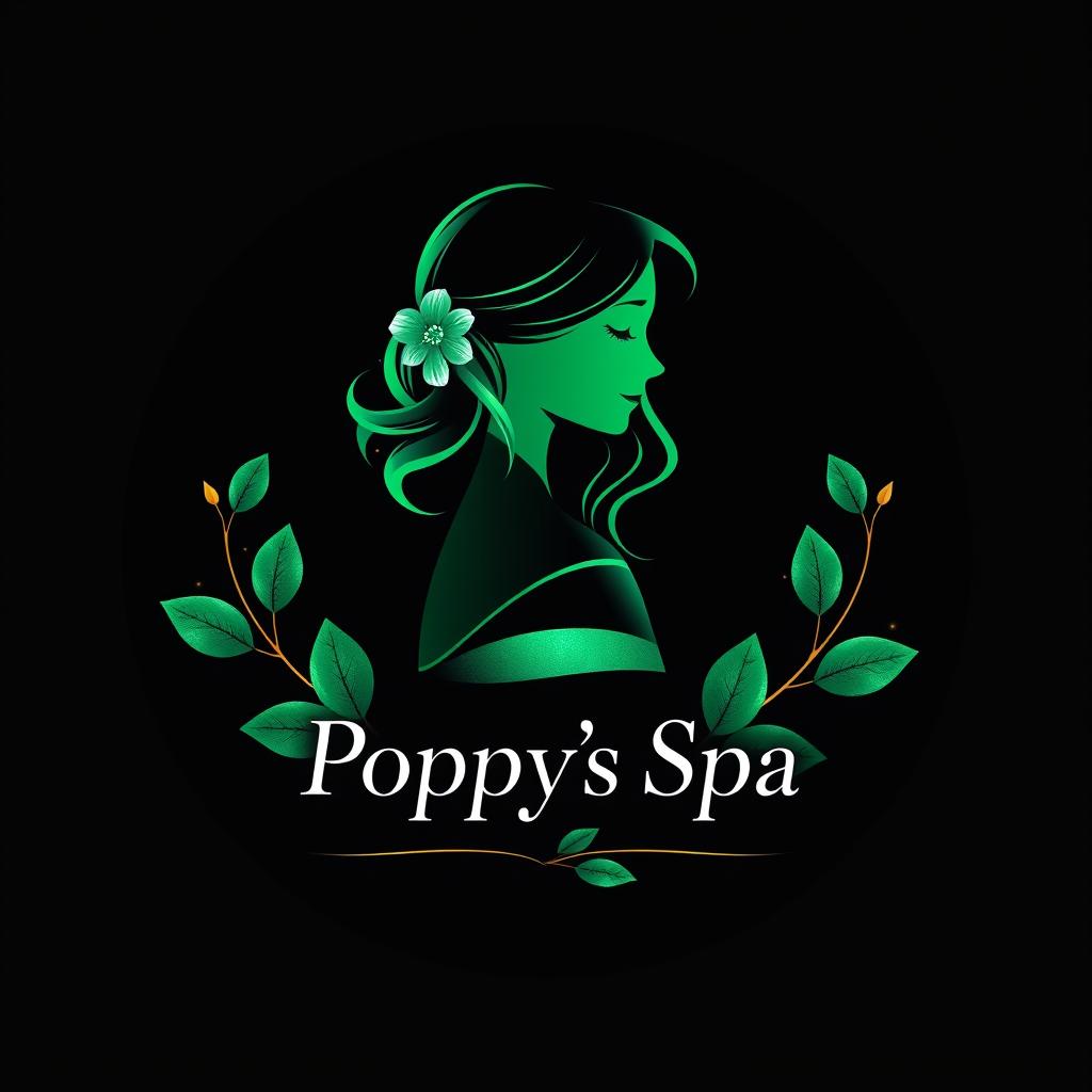 A sophisticated logo design for 'Poppy's Spa', featuring a silhouette of a girl illustrated with graceful, flowing lines in emerald green against a dark soft black background, accented by subtle touches of white