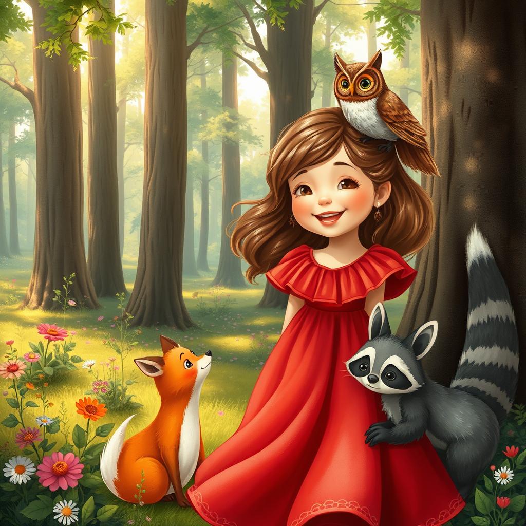 A charming scene featuring a young girl wearing a flowing red dress, joyfully gathered with whimsical forest animals like a playful fox, a wise owl perched on her shoulder, and a curious raccoon by her side