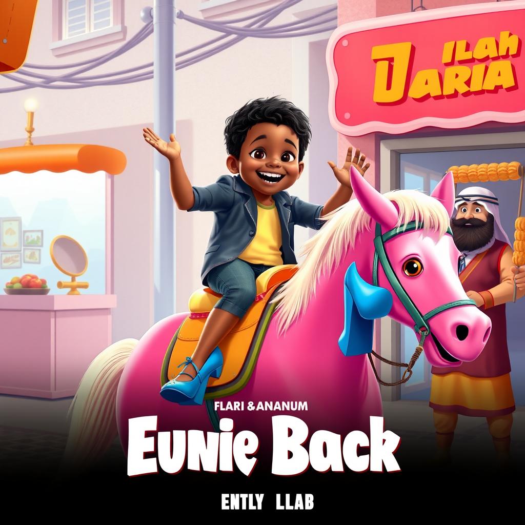 A vibrant and whimsical movie poster featuring a black boy with Down syndrome happily riding a pink horse