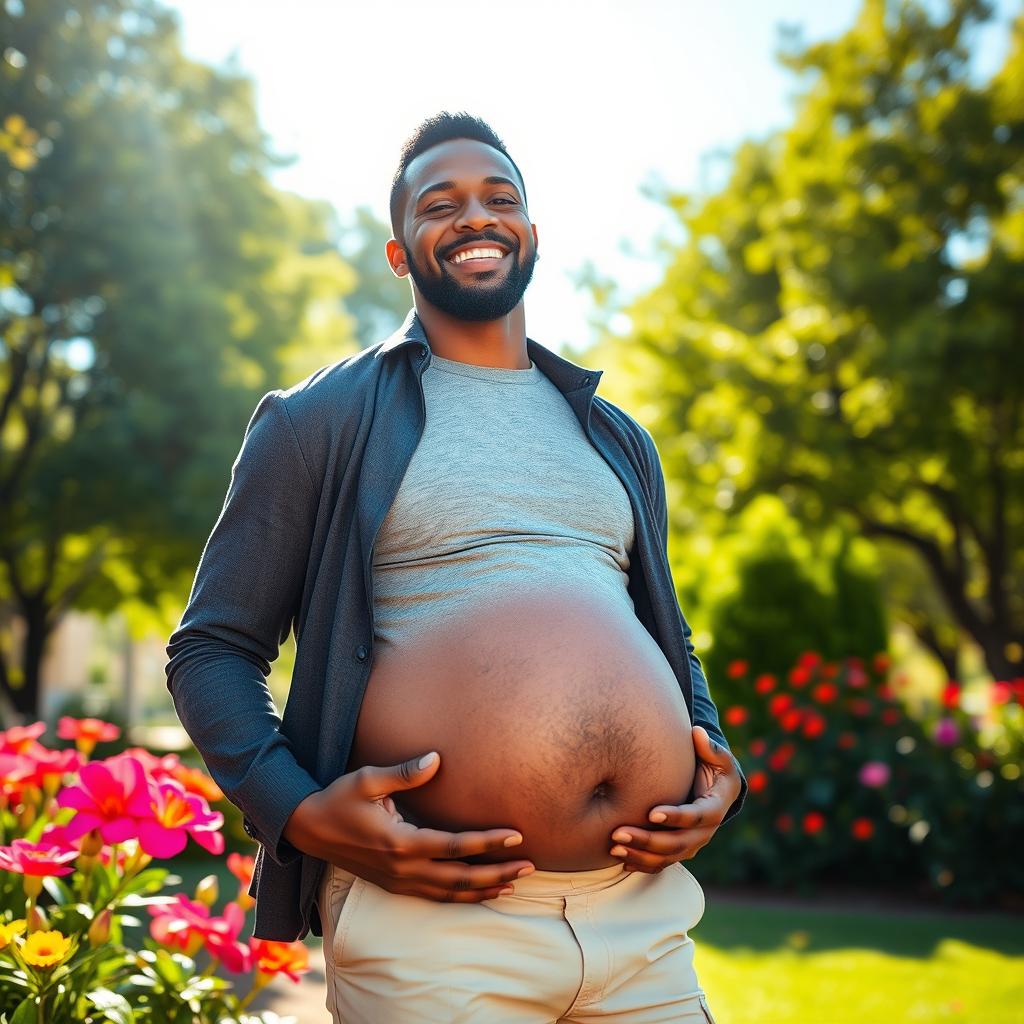 A captivating portrait of a proud Black man displaying his pregnancy, radiating happiness and anticipation