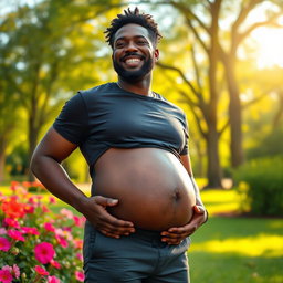 A captivating portrait of a proud Black man displaying his pregnancy, radiating happiness and anticipation