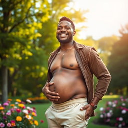A captivating portrait of a proud Black man displaying his pregnancy, radiating happiness and anticipation