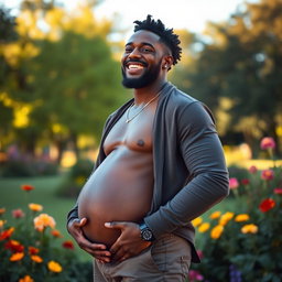 A captivating portrait of a proud Black man displaying his pregnancy, radiating happiness and anticipation