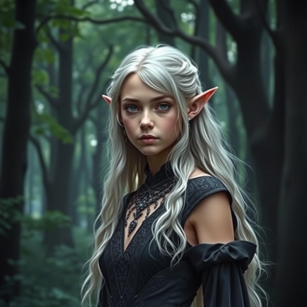 A young elf queen, exuding an aura of mystery and a hint of eeriness, stands confidently in a lush and expansive forest