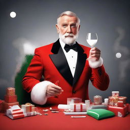 James Bond styled Santa Claus donned in a sleek suit with a Christmas twist, holding a martini glass filled with milk and a sleigh full of gadgets in the background.