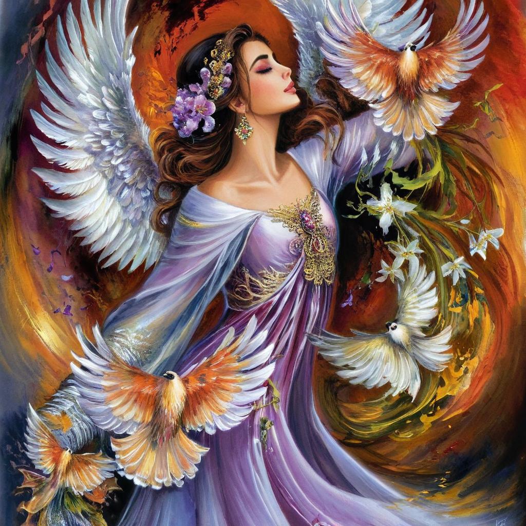 Ethereal Grace: Angelic Woman in Moonlit Flight