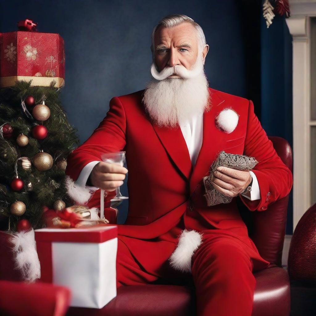 James Bond styled Santa Claus donned in a sleek suit with a Christmas twist, holding a martini glass filled with milk and a sleigh full of gadgets in the background.