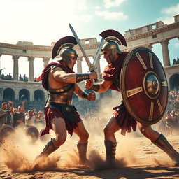 An intense and dramatic scene depicting two gladiators engaged in combat in a grand Roman arena