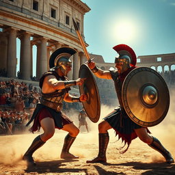 An intense and dramatic scene depicting two gladiators engaged in combat in a grand Roman arena
