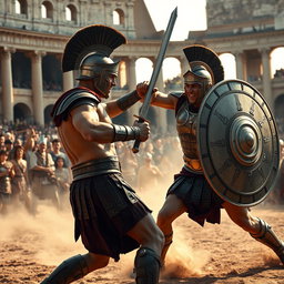 An intense and dramatic scene depicting two gladiators engaged in combat in a grand Roman arena