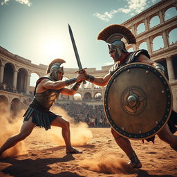 An intense and dramatic scene depicting two gladiators engaged in combat in a grand Roman arena