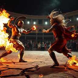An epic scene showcasing two gladiators locked in battle, each wielding powerful elemental abilities