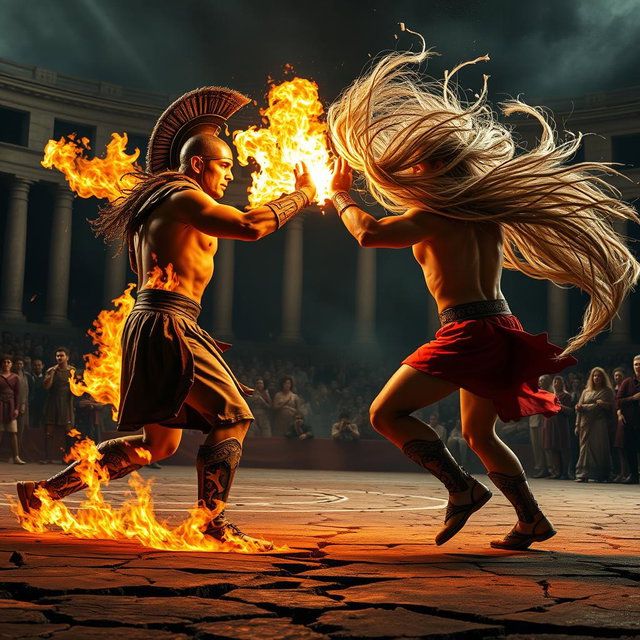 An epic scene showcasing two gladiators locked in battle, each wielding powerful elemental abilities