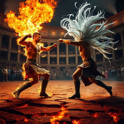 An epic scene showcasing two gladiators locked in battle, each wielding powerful elemental abilities