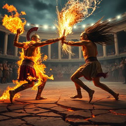 An epic scene showcasing two gladiators locked in battle, each wielding powerful elemental abilities