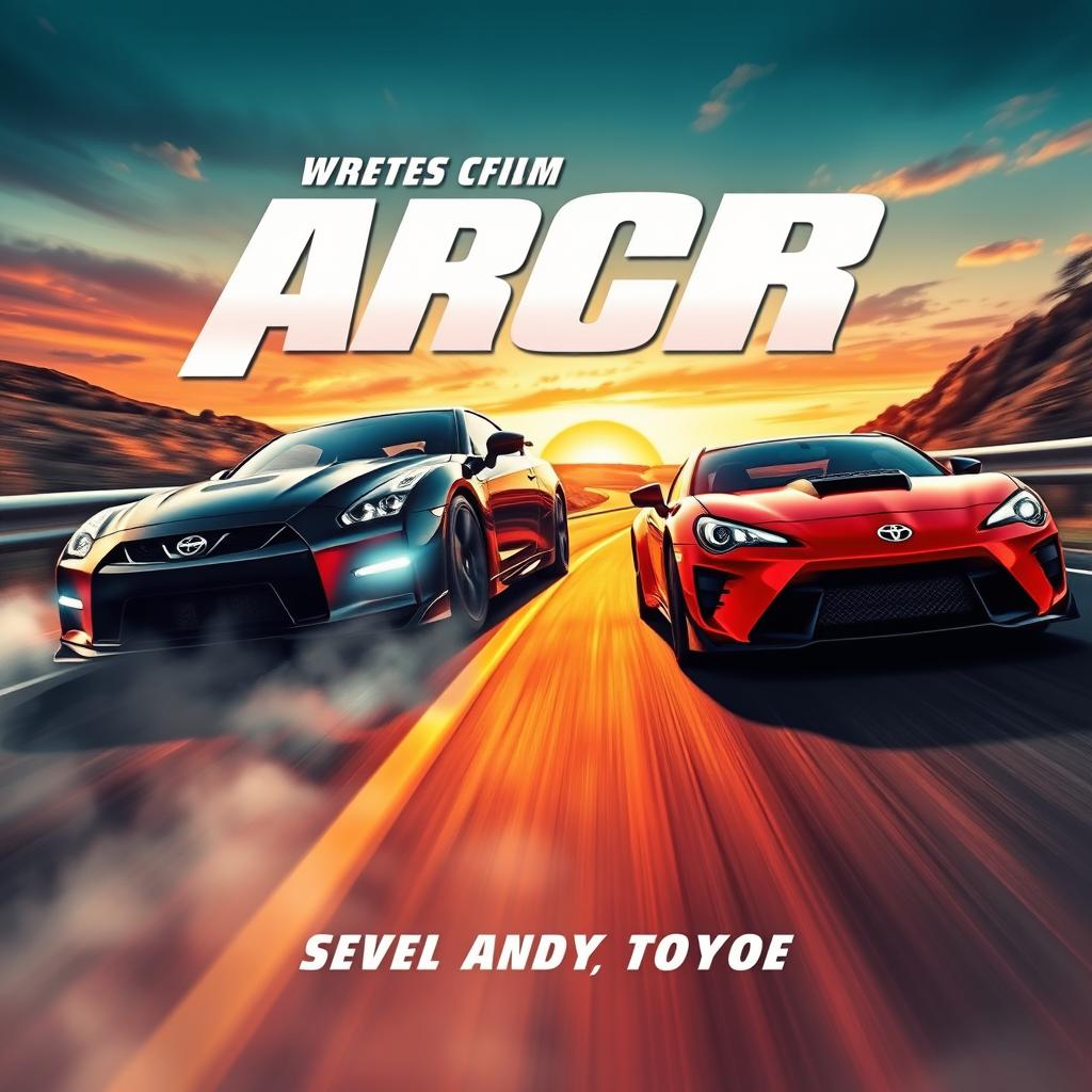 A dramatic movie poster for a car racing film featuring two iconic cars: a sleek Nissan and a powerful Toyota, speeding down a winding road with a vibrant sunset in the background