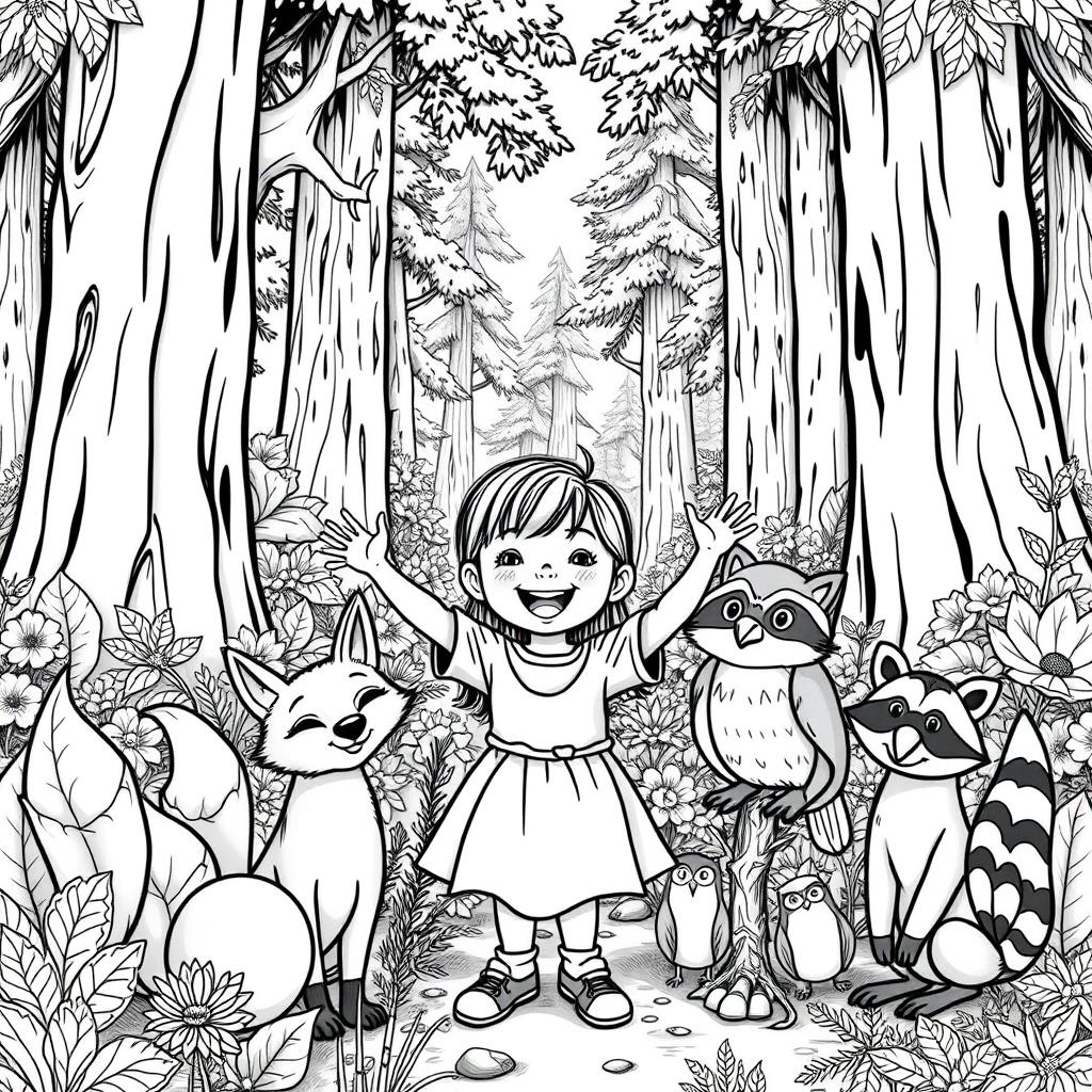A black and white illustration suitable for a coloring book, showcasing a young girl joyfully gathered with whimsical forest animals like a playful fox, a wise owl, and a friendly raccoon