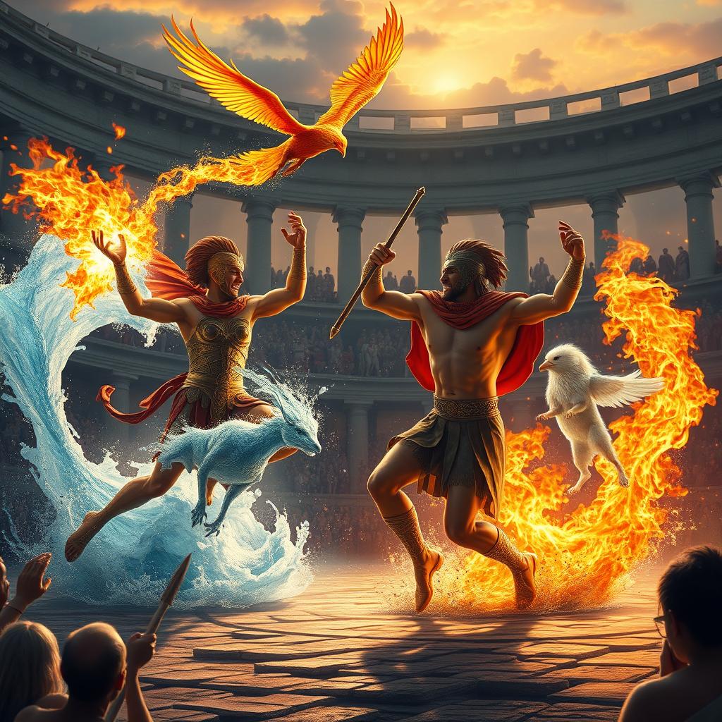 An action-packed scene featuring two gladiators in an epic battle, each harnessing powerful elemental abilities, alongside their mystical pets