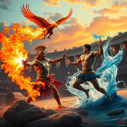 An action-packed scene featuring two gladiators in an epic battle, each harnessing powerful elemental abilities, alongside their mystical pets