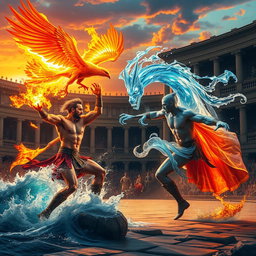 An action-packed scene featuring two gladiators in an epic battle, each harnessing powerful elemental abilities, alongside their mystical pets