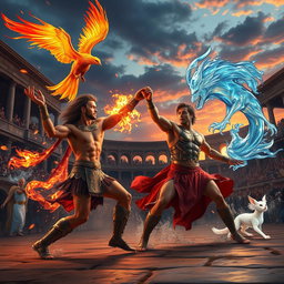 An action-packed scene featuring two gladiators in an epic battle, each harnessing powerful elemental abilities, alongside their mystical pets