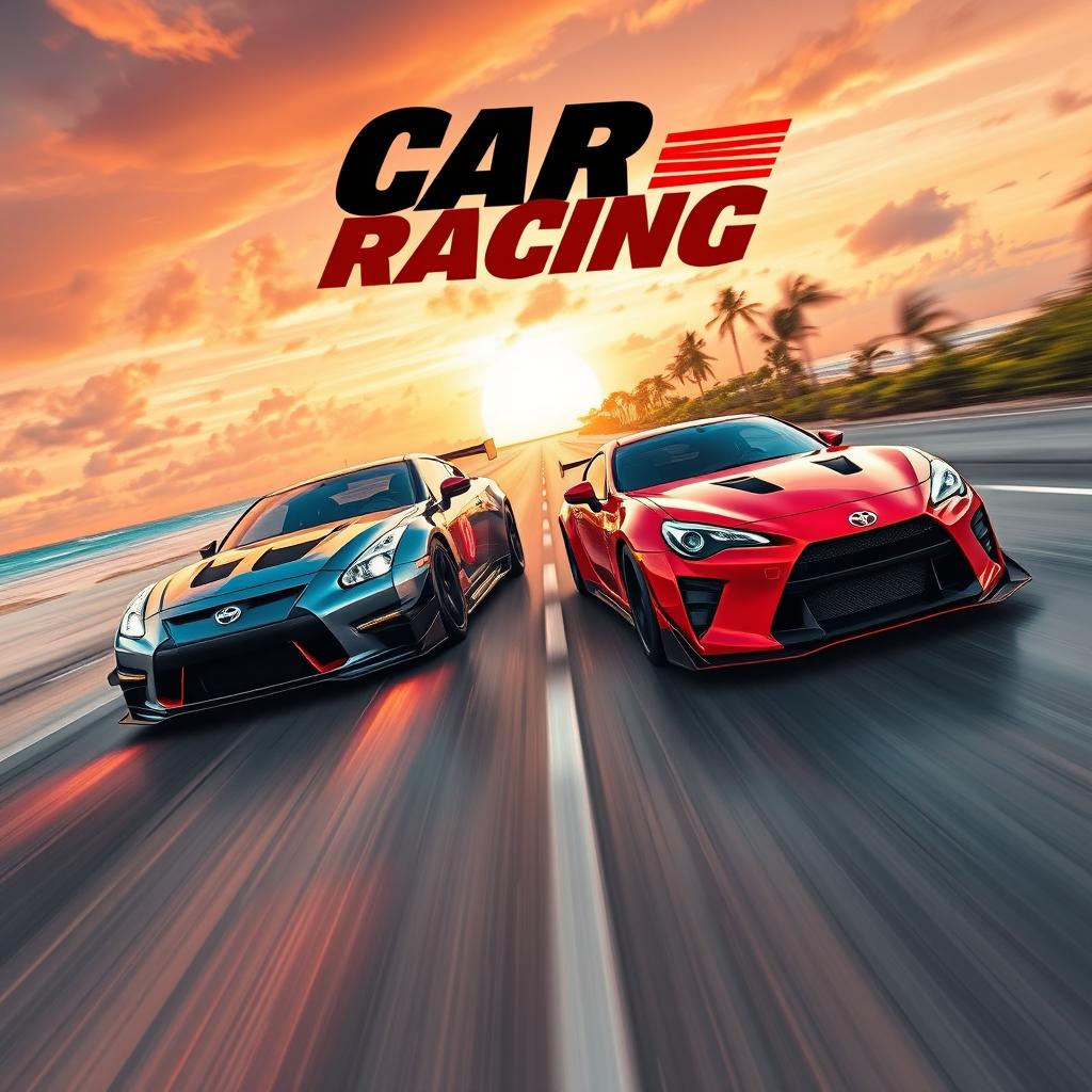 A vibrant movie poster for a car racing film set on the stunning coastal roads of Miami
