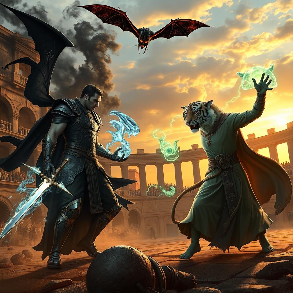 An epic battle scene featuring a vampire gladiator and a monk gladiator, each wielding elemental powers and accompanied by mystical pets