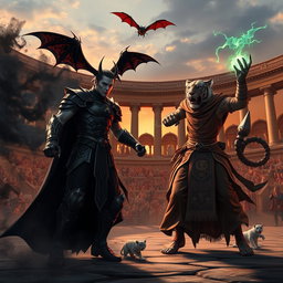An epic battle scene featuring a vampire gladiator and a monk gladiator, each wielding elemental powers and accompanied by mystical pets