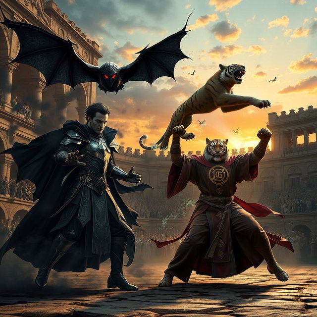 An epic battle scene featuring a vampire gladiator and a monk gladiator, each wielding elemental powers and accompanied by mystical pets