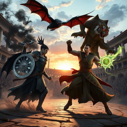 An epic battle scene featuring a vampire gladiator and a monk gladiator, each wielding elemental powers and accompanied by mystical pets