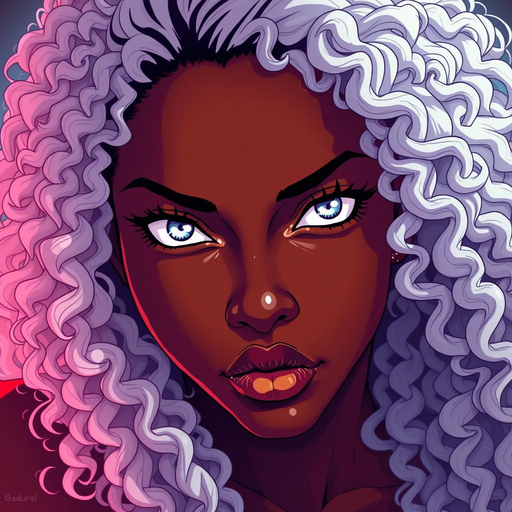 An intense and evocative portrait of a Black woman in her thirties, featuring long, curly hair in a striking silvery white color