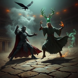 A thrilling and unsettling scene depicting a fierce battle between a vampire gladiator and a human monk gladiator, each wielding elemental powers