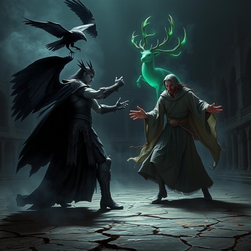A thrilling and unsettling scene depicting a fierce battle between a vampire gladiator and a human monk gladiator, each wielding elemental powers