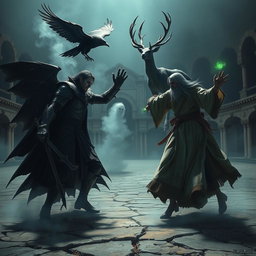 A thrilling and unsettling scene depicting a fierce battle between a vampire gladiator and a human monk gladiator, each wielding elemental powers
